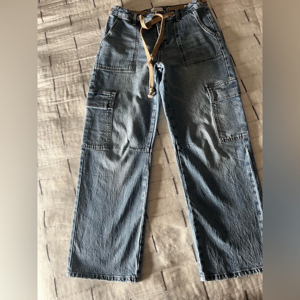 KanCan Cargo Blue Jeans with Tan Accents
